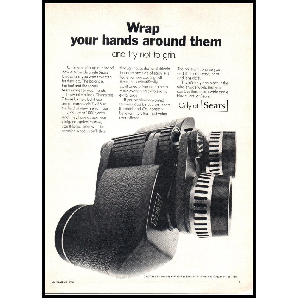 1968 Sears Binoculars Vintage Print Ad Outdoor Camping Retro Wall Art
